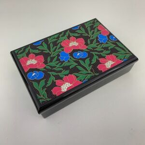 Vintage Floral Black Plastic Jewelry Trinket Box w/ Mirror, Two Levels/Tray